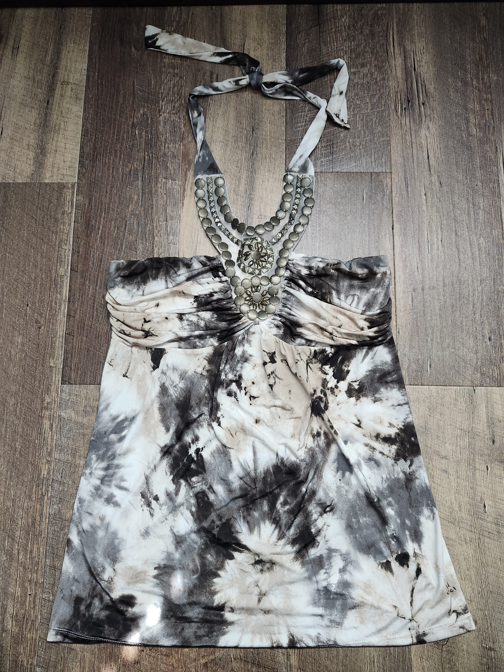Maurices Strapless Tie-Dye Halter Dress with Beaded Bib - Black & White